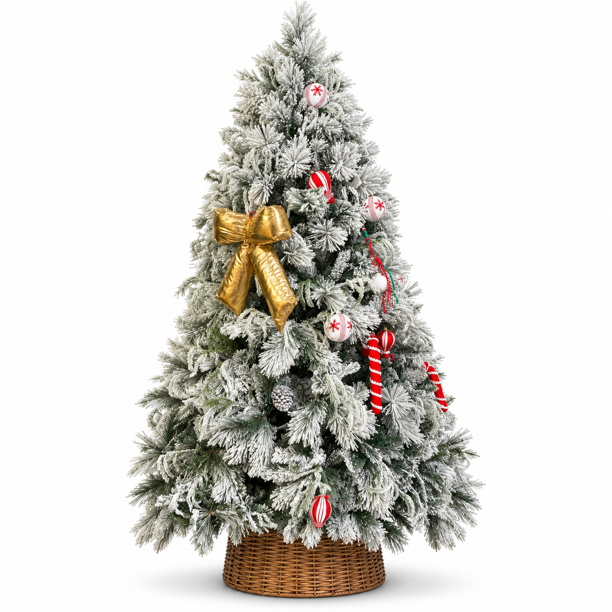7ft Snow-Flocked Decorated Christmas Tree with Gold Bow & Wicker Basket – front view on white background