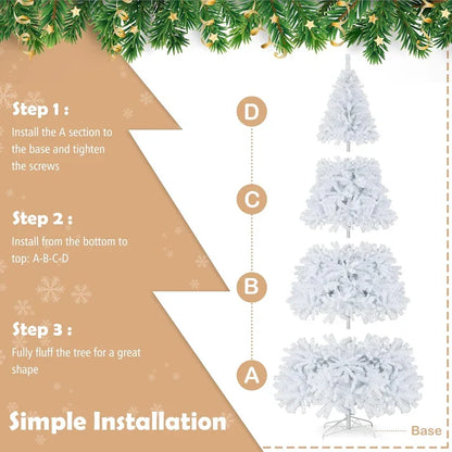 7ft White Christmas Tree, Artificial Hinged Christmas Tree, Folding Metal Stand, Indoor Outdoor Xmas Decoration Tree for Home Office Party, Easy Setup - 6