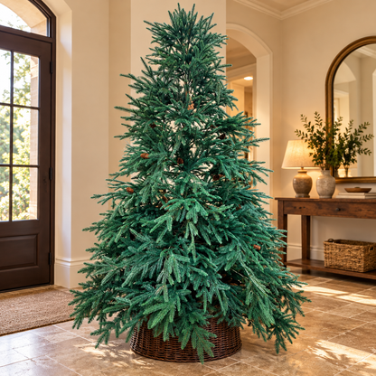 8ft Blue-Green Artificial Christmas Tree with Pinecones & Wicker Basket – additional product view 2