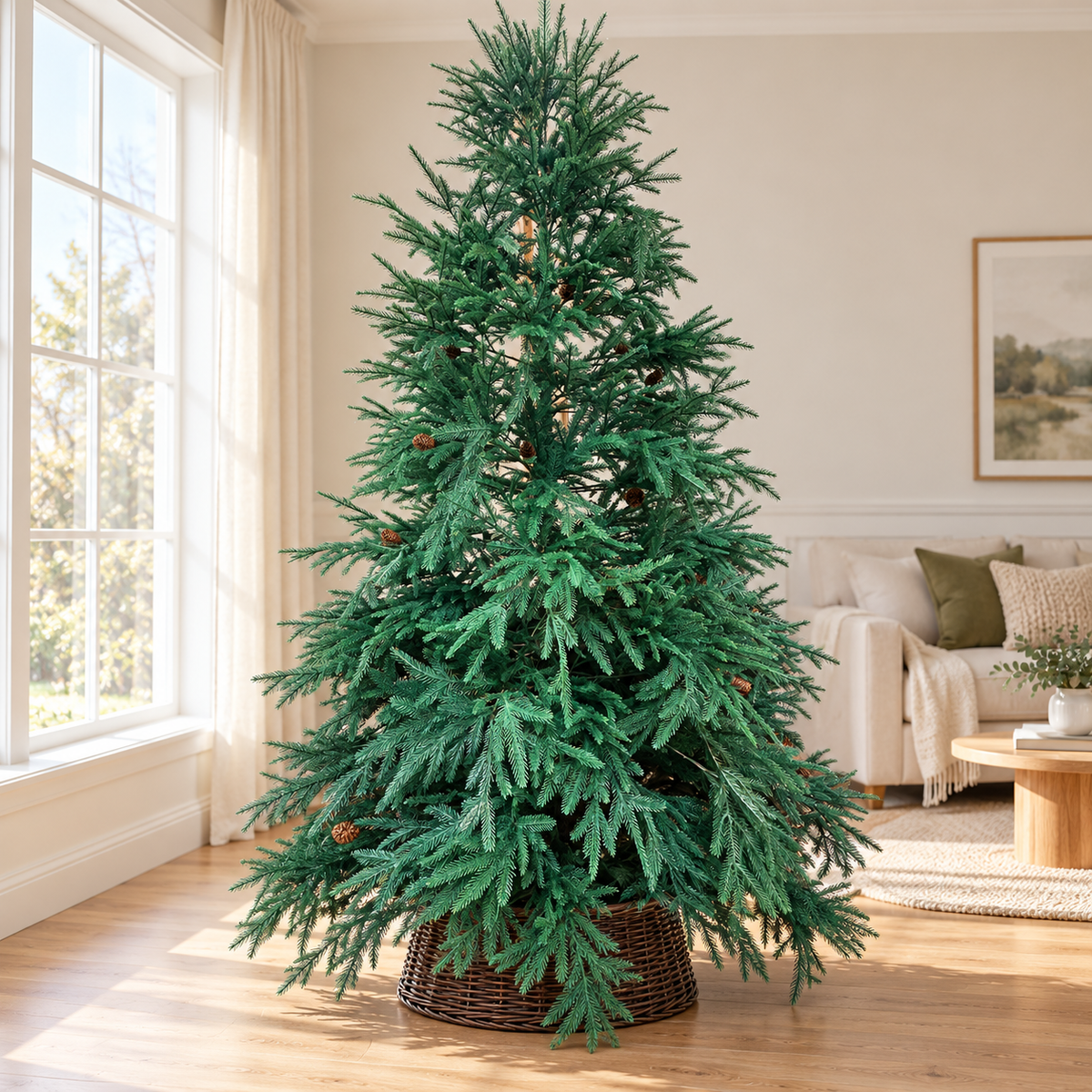 8ft Blue-Green Artificial Christmas Tree with Pinecones & Wicker Basket – additional product view 4