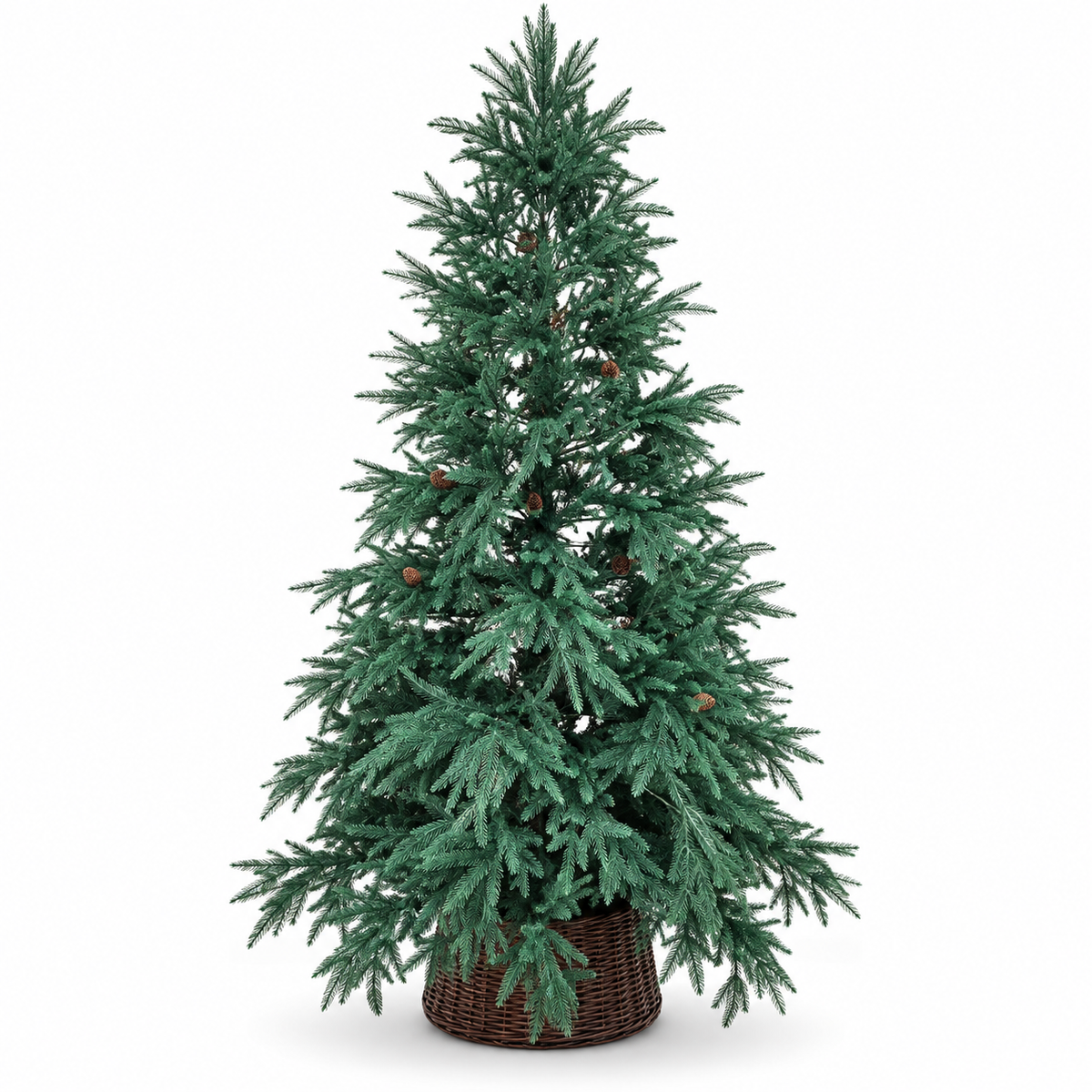 8ft Blue-Green Artificial Christmas Tree with Pinecones & Wicker Basket – front view on white background