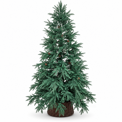8ft Blue-Green Artificial Christmas Tree with Pinecones & Wicker Basket – front view on white background