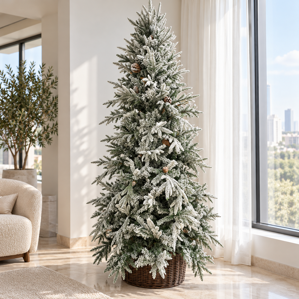 8ft Snow-Flocked Christmas Tree with Pinecones & Wicker Basket – additional product view 2