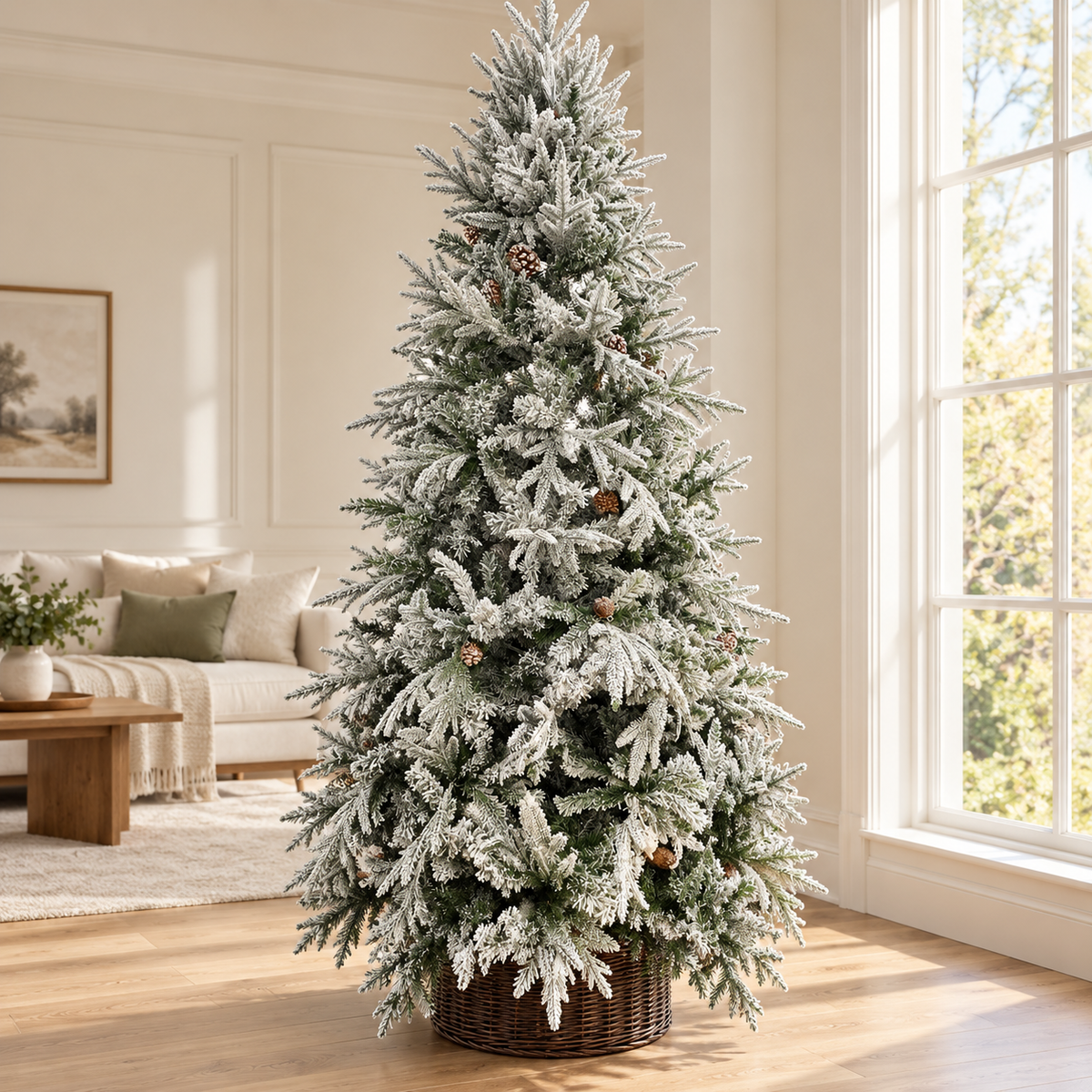 8ft Snow-Flocked Christmas Tree with Pinecones & Wicker Basket – additional product view 3