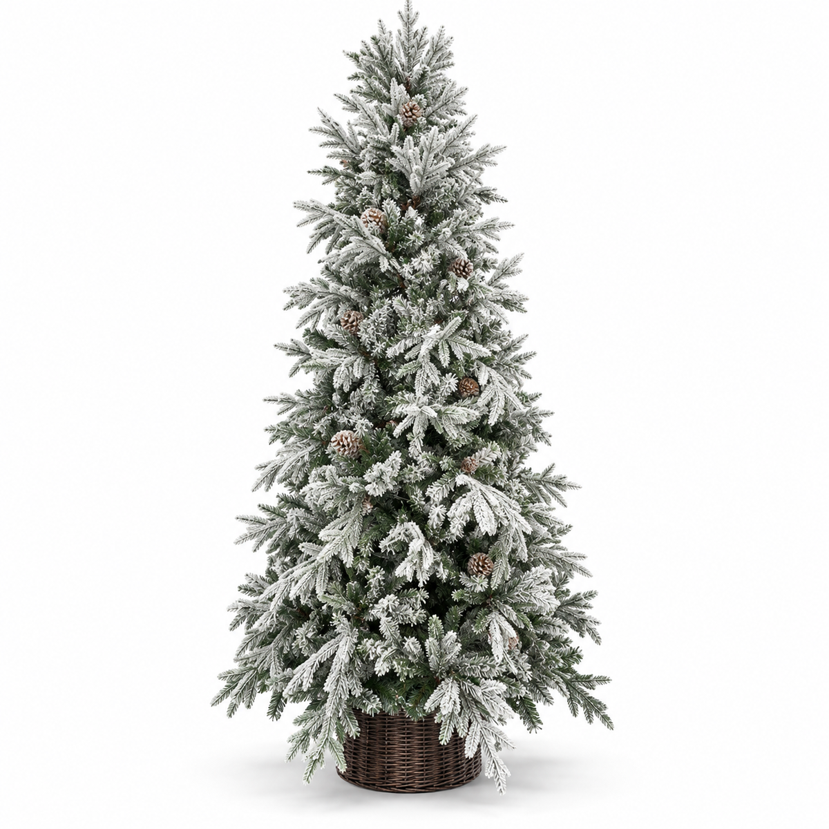 8ft Snow-Flocked Christmas Tree with Pinecones & Wicker Basket – front view on white background