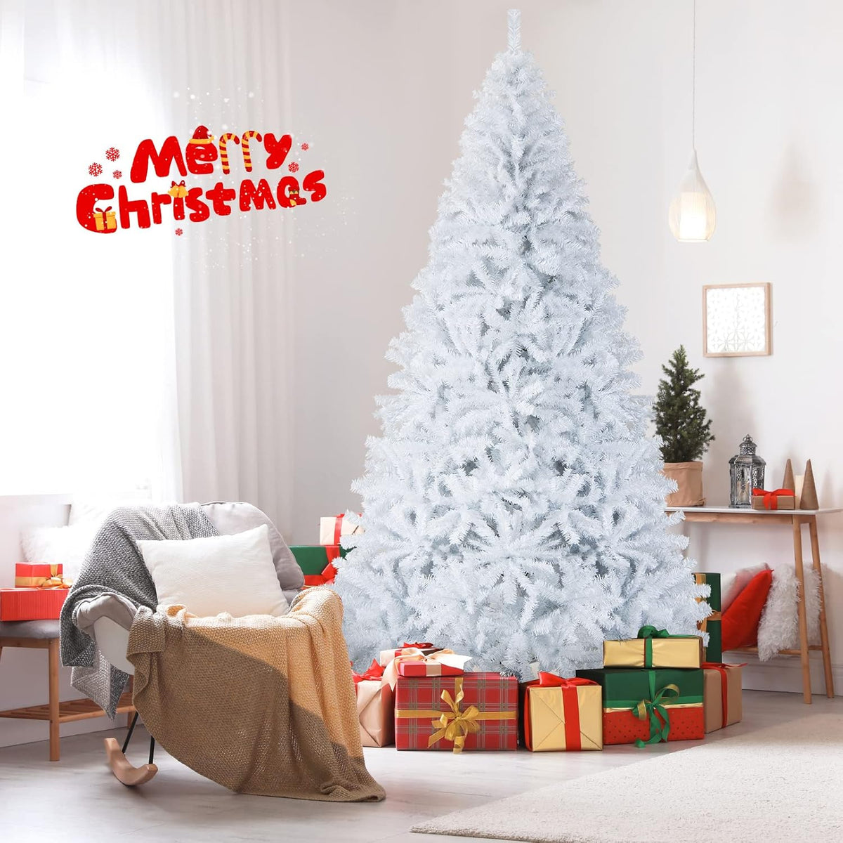 8ft White Christmas Tree, Artificial Hinged Christmas Tree, Folding Metal Stand, Indoor Outdoor Xmas Decoration Tree for Home Office Party, Easy Setup - 3