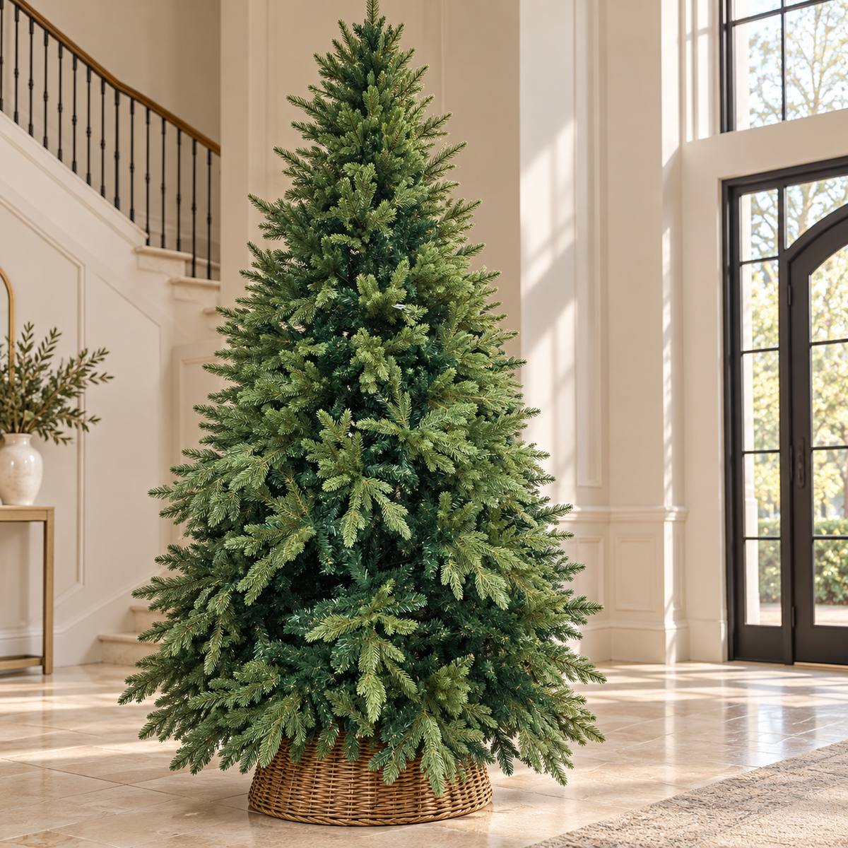 9ft Tall Green Artificial Christmas Tree with Wicker Basket – additional product view 4