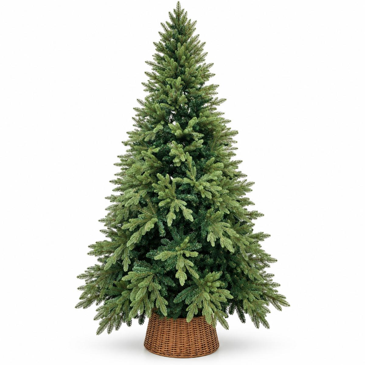 9ft Tall Green Artificial Christmas Tree with Wicker Basket – front view on white background