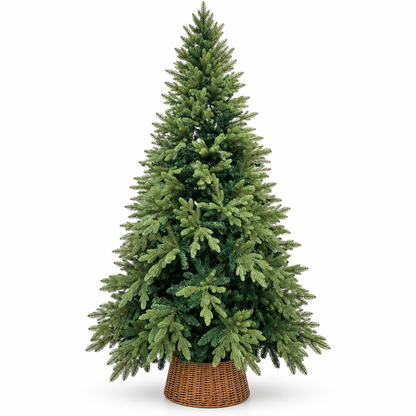 9ft Tall Green Artificial Christmas Tree with Wicker Basket – front view on white background