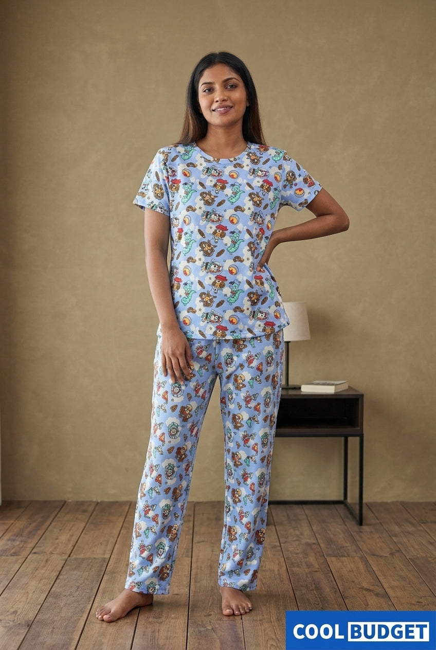 Cute Women Night Full Kit| Half Sleeve Top, Full Pijama Pant & Shorts | Soft & Comfortable Night Wear Set