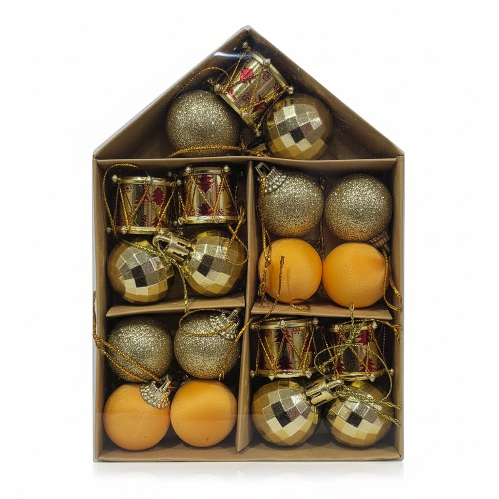Decorative Christmas Hanging Ornaments - Orange And Gold Baubles & Mini Drums