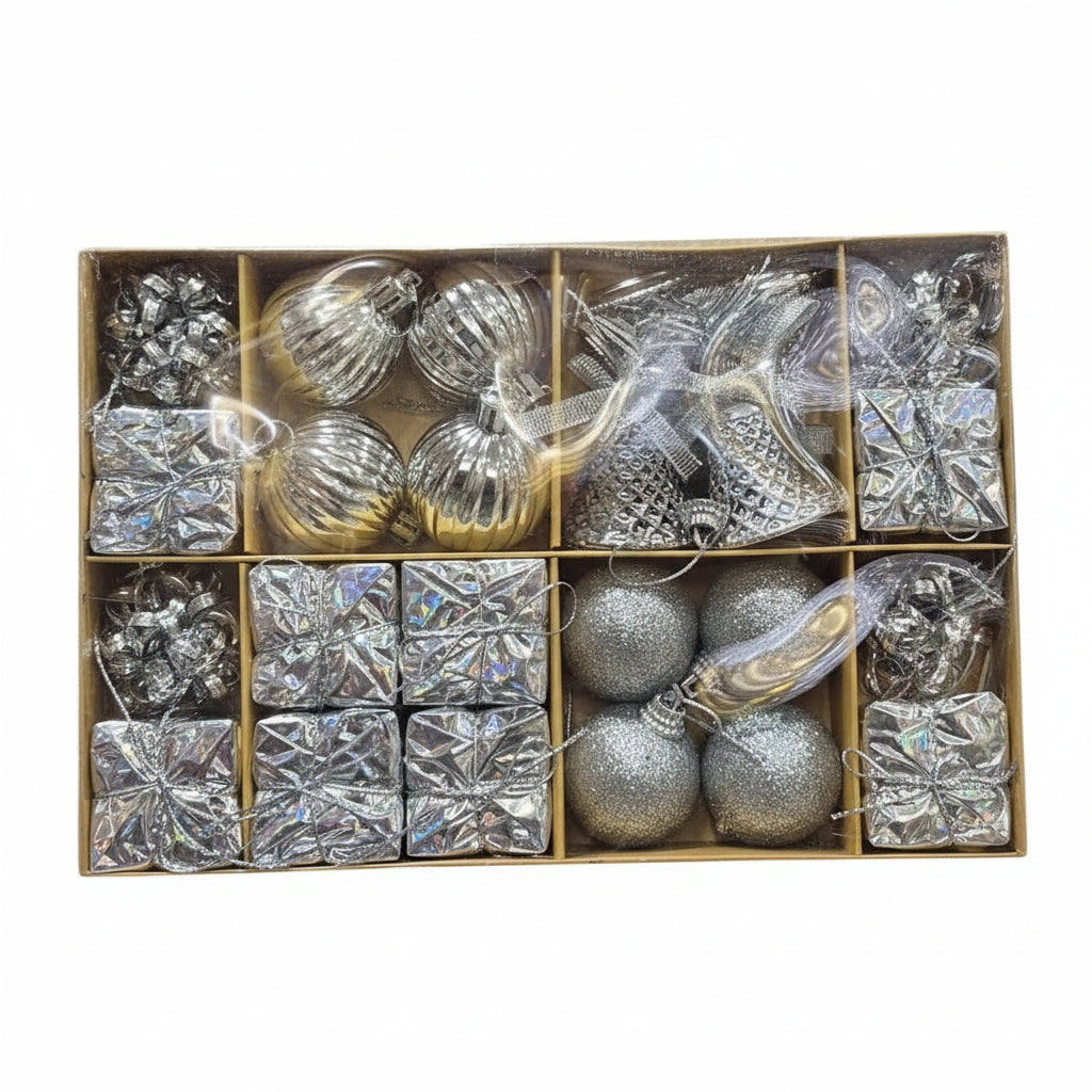 Deluxe Silver Christmas Ornament Collection - Mixed Shapes Set with Balls, Bells, Gift Boxes