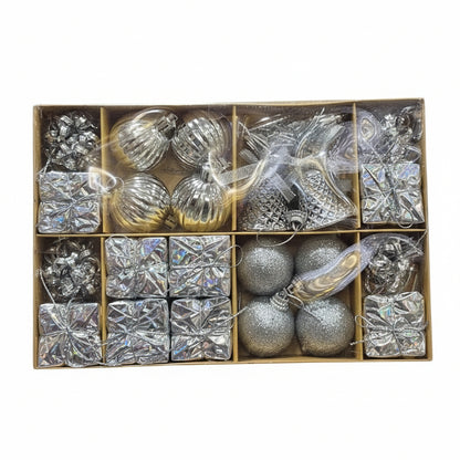 Deluxe Silver Christmas Ornament Collection - Mixed Shapes Set with Balls, Bells, Gift Boxes