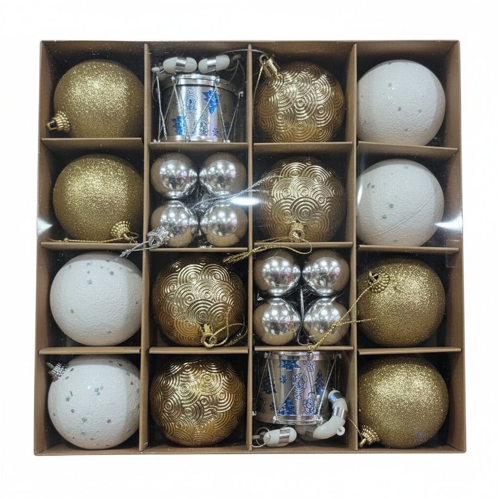 Premium Christmas Ornament Ball Set - Gold, Silver & White Balls Collection with Decorative Drum