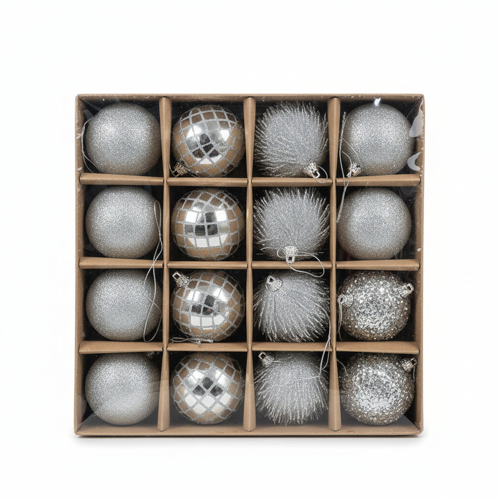Silver Christmas Ornament Set – 16 Mixed Texture Baubles for Holiday Tree Decoration