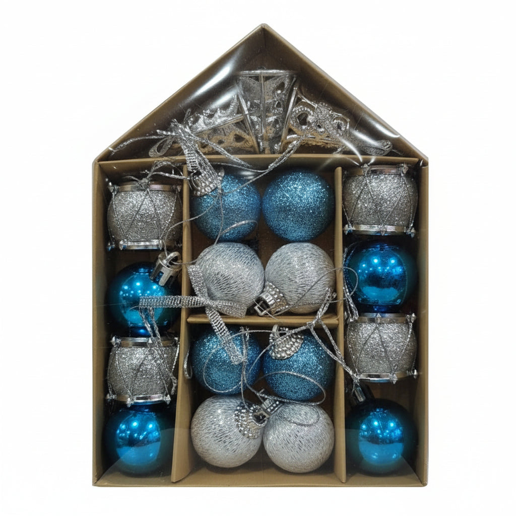 Premium Christmas Ornament Set - Blue & Silver Collection with Bells, Drums, and Baubles