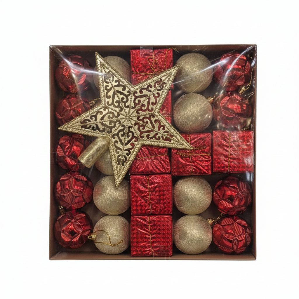 Red & Gold Christmas Ornament Set - Premium Holiday Decoration Collection with Tree Topper Star