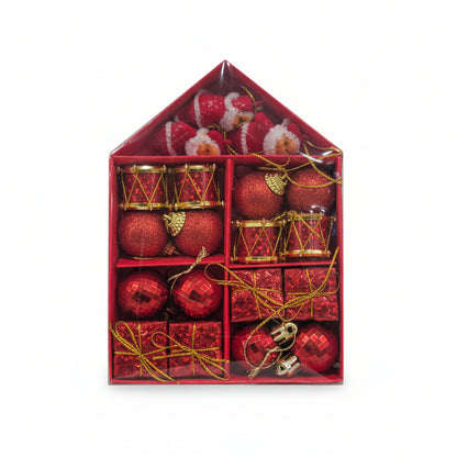 Traditional Red & Gold Christmas Ornament Set with Santa, Drums, Balls, and Gift Boxes