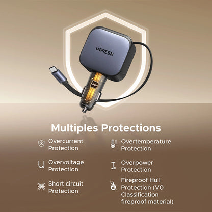 UGREEN 145W Retractable Cable With 2x Type-C+USB Car Charger – EC604 - 55910B