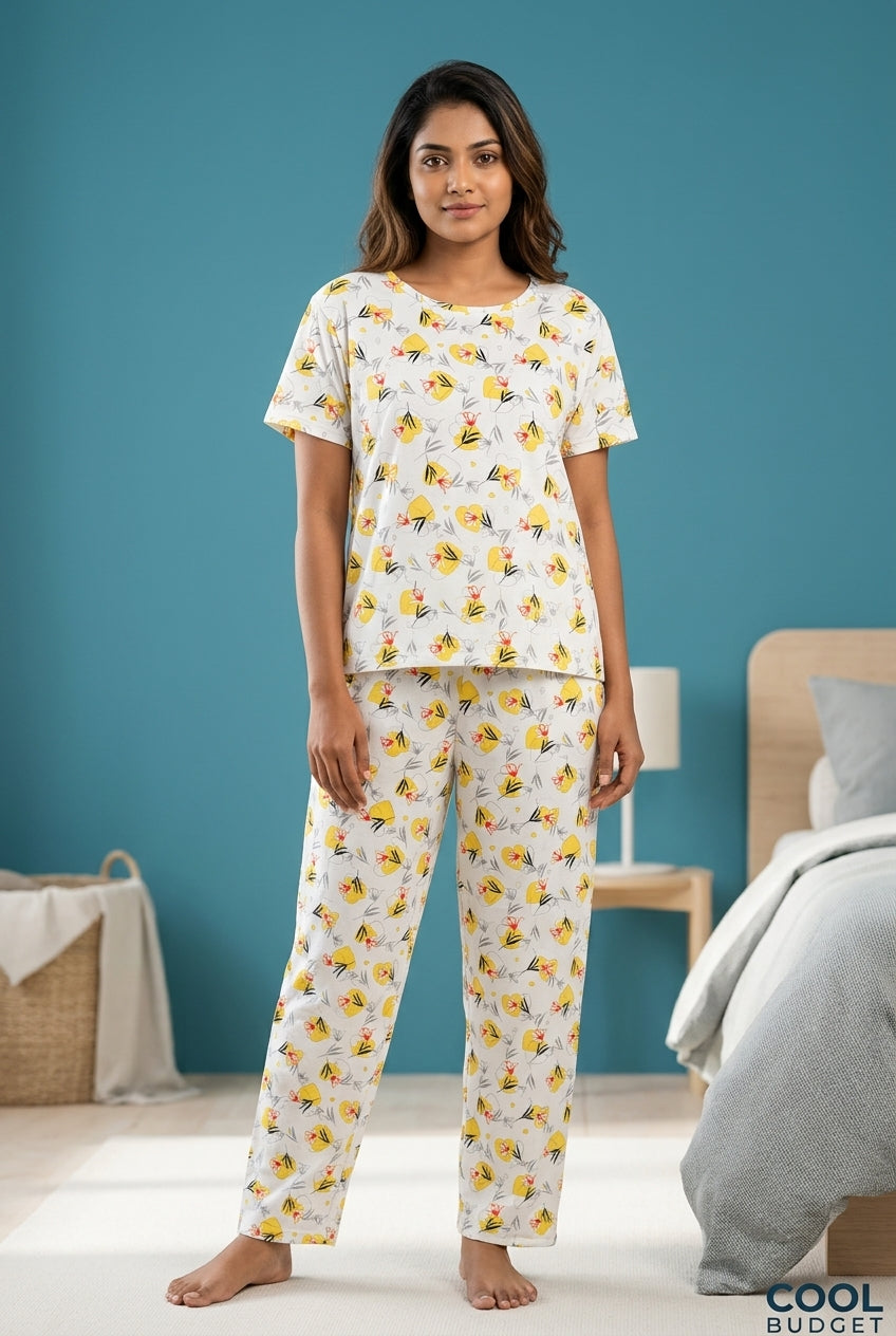 Cute Women Night Full Kit| Half Sleeve Top, Full Pijama Pant & Shorts | Soft & Comfortable Night Wear Set