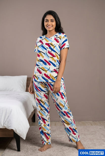 Cute Women Night Full Kit| Half Sleeve Top, Full Pijama Pant & Shorts | Soft & Comfortable Night Wear Set