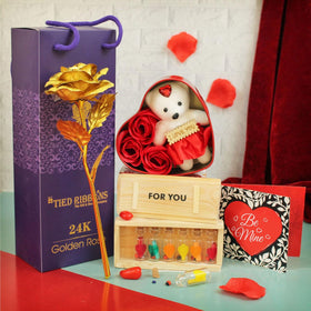 Artificial Golden Rose Flower with Teddy - 1