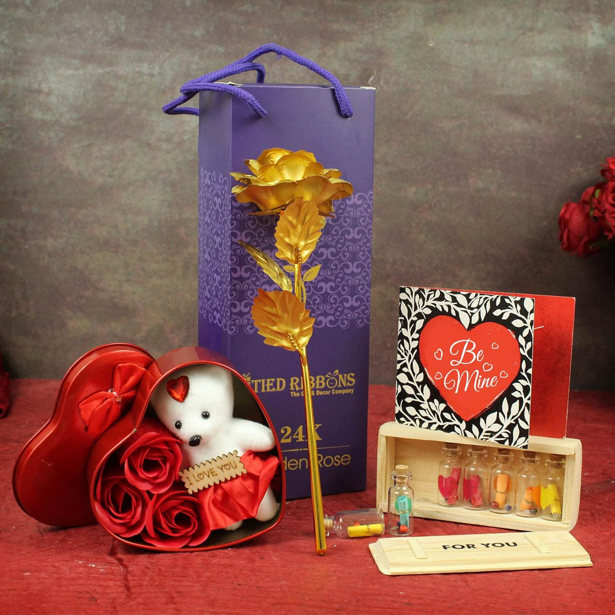 Artificial Golden Rose Flower with Teddy - 7