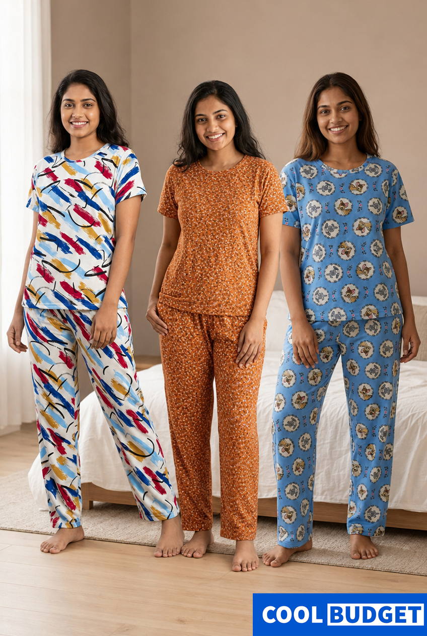 Cute Women Night Full Kit| Half Sleeve Top, Full Pijama Pant & Shorts | Soft & Comfortable Night Wear Set