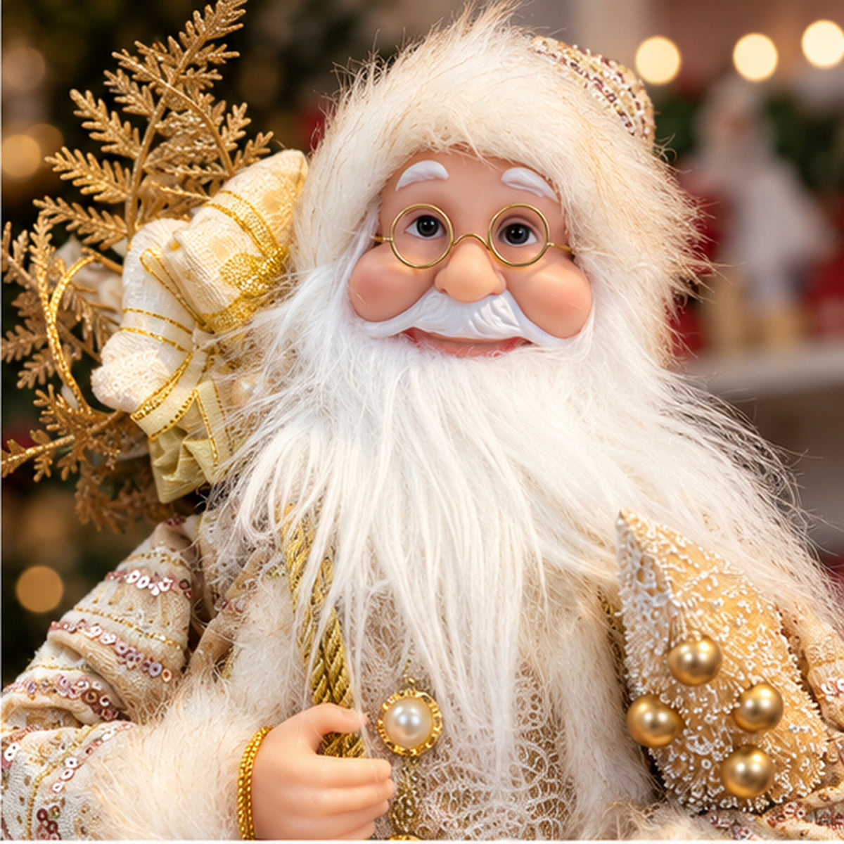 Champagne Gold Santa Claus Christmas Figurine with Faux-Fur Trim – detailed closeup view