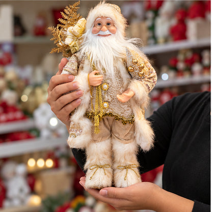 Champagne Gold Santa Claus Christmas Figurine with Faux-Fur Trim – handheld display view