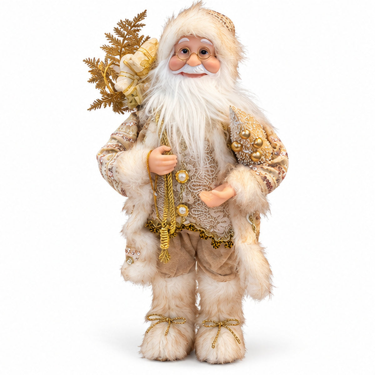 Champagne Gold Santa Claus Christmas Figurine with Faux-Fur Trim – front view on white background