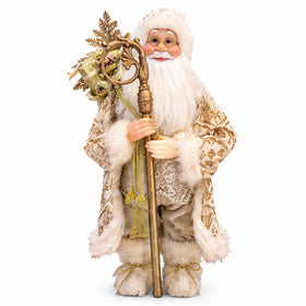 Champagne Gold Santa Claus Christmas Figurine with Staff & Faux-Fur Trim – front view on white background