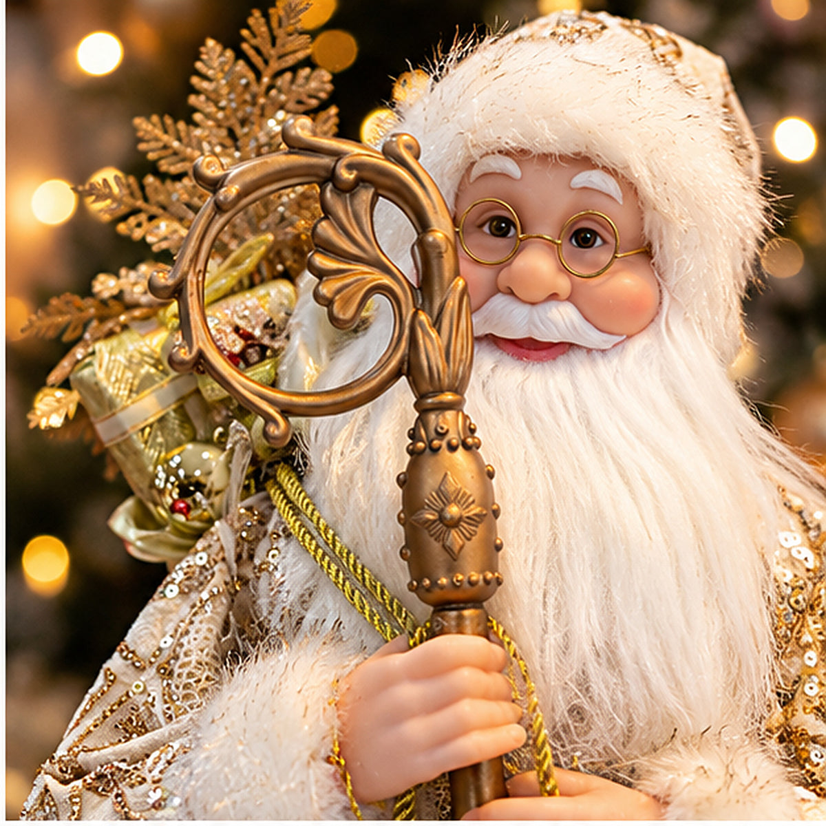 Champagne Gold Santa Claus Christmas Figurine with Staff & Faux-Fur Trim – staff and face closeup view