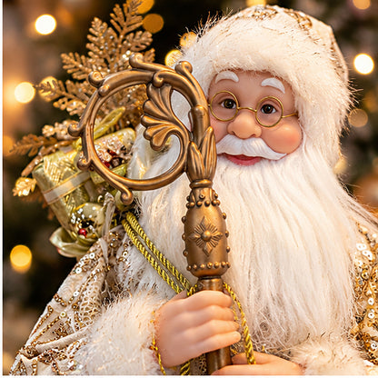 Champagne Gold Santa Claus Christmas Figurine with Staff & Faux-Fur Trim – staff and face closeup view