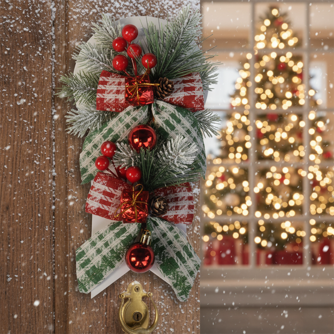Christmas Wreath for Front Door Bowknot Pinecone Berries Window Wall Decorations - 2
