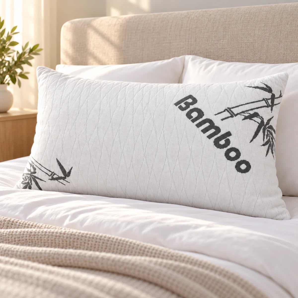 Adjustable bamboo memory foam pillow styled on a modern bed