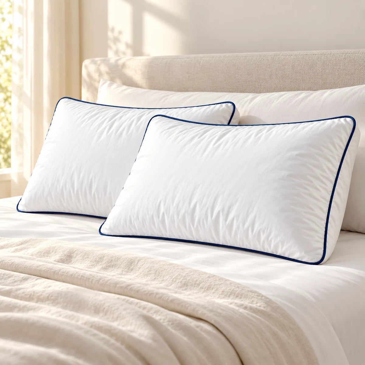 White gel-feel microfibre pillows styled on a comfortable modern bed