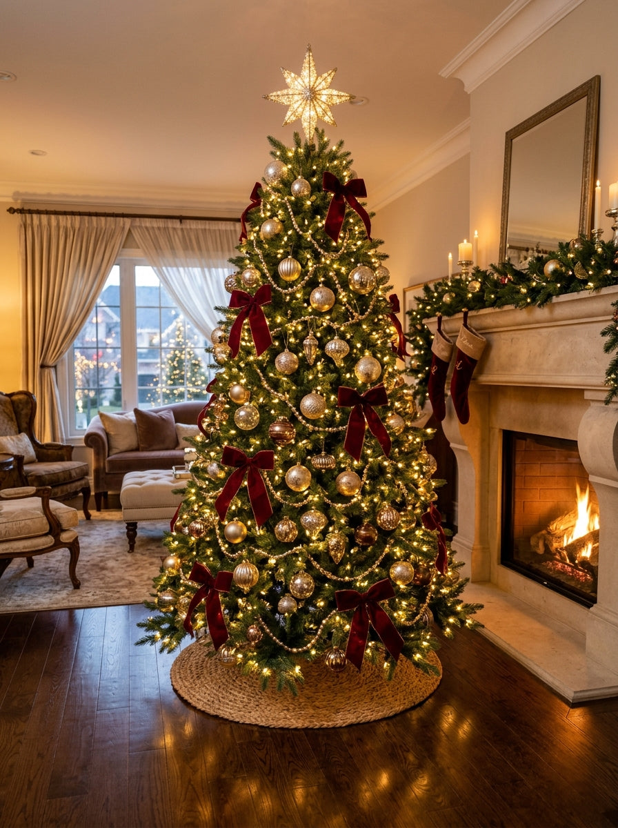 Luxury 7ft artificial green Christmas tree in warm living room with golden lights