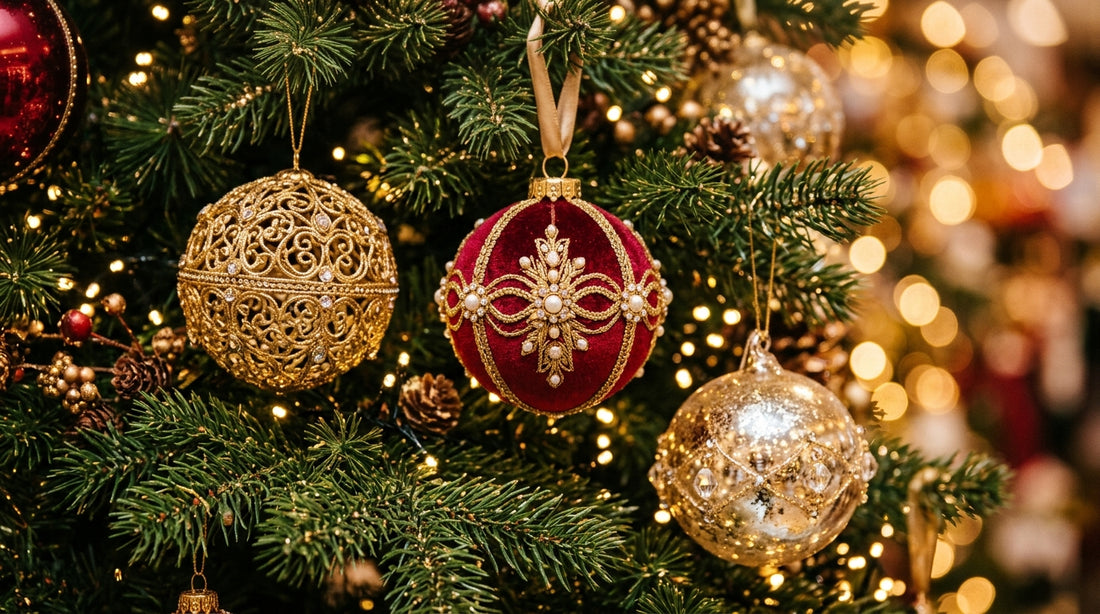 Luxury crimson velvet and gold filigree Christmas baubles hanging on evergreen tree