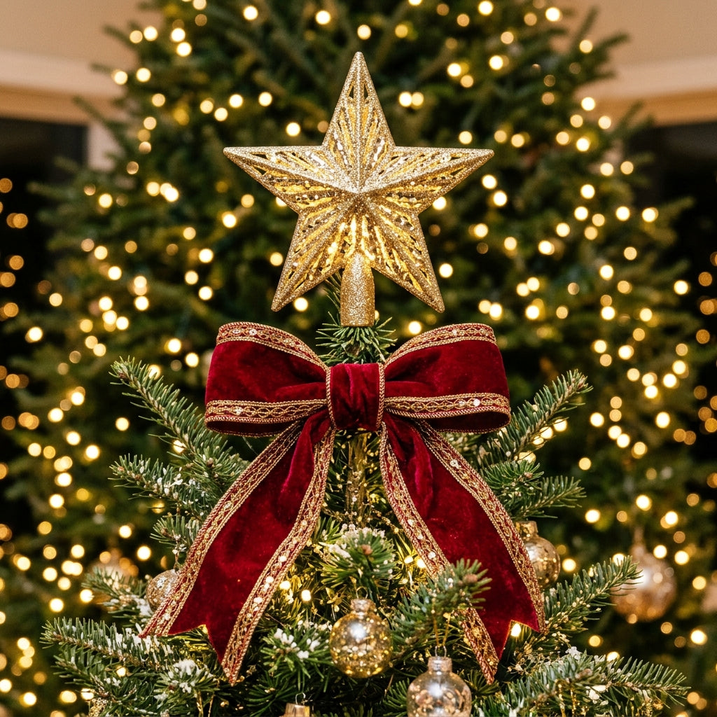 Handcrafted 3D gold star tree topper and red velvet bow with sparkling fairy lights