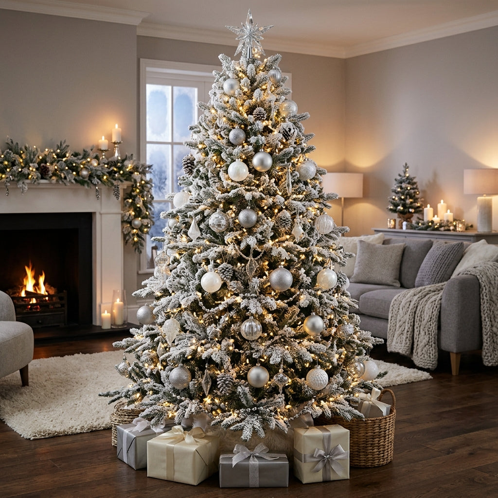 Breathtaking snow-flocked Christmas tree with glowing micro-LED lights and silver baubles