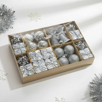 Deluxe Silver Christmas Ornament Collection - Mixed Shapes Set with Balls, Bells, Gift Boxes - 2