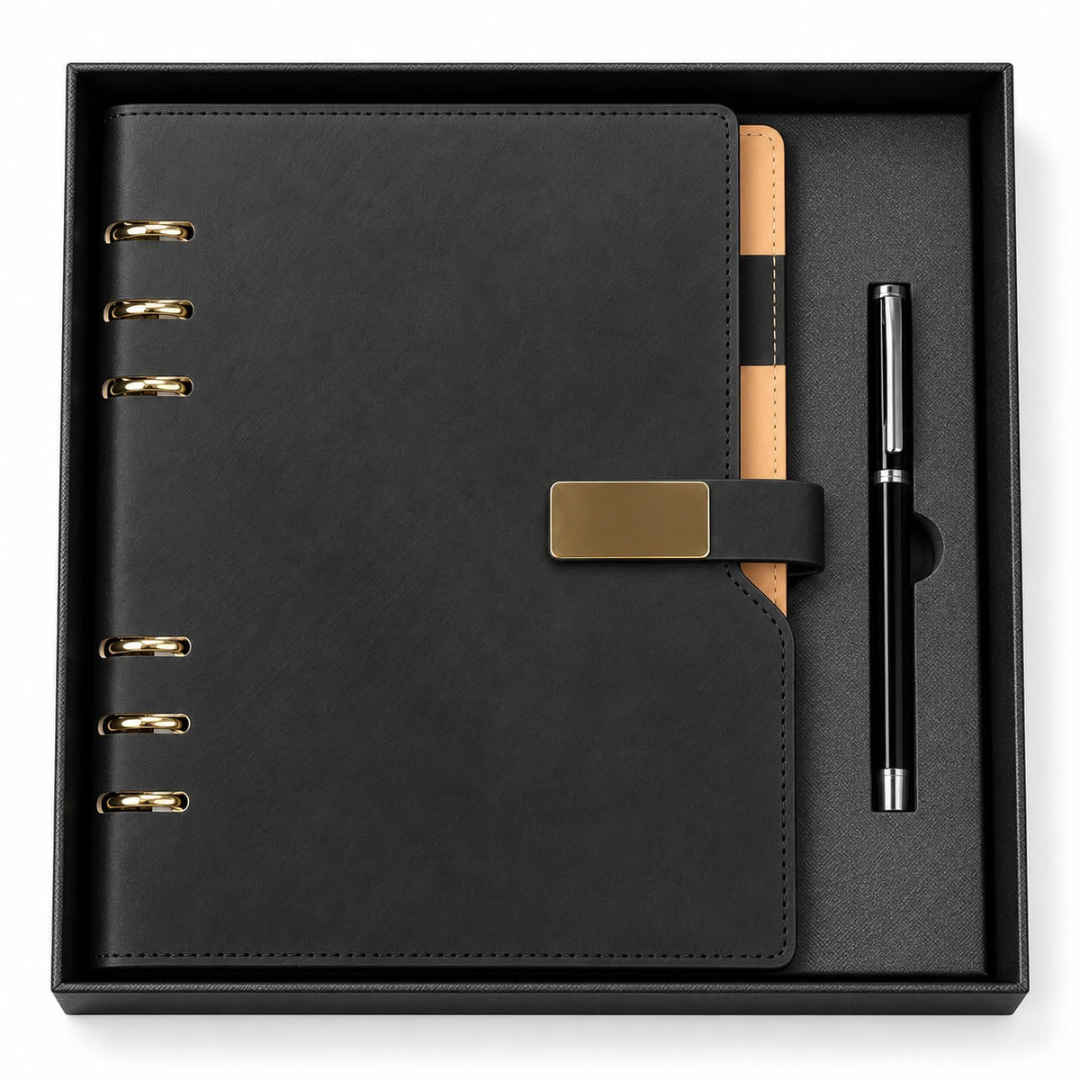 Executive 6-Ring Refillable Leather Binder Notebook & Pen Gift Set in Classic Black Presentation Box