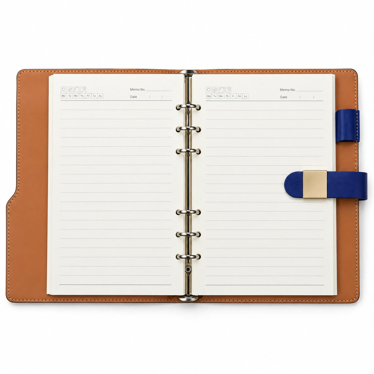 Executive 6-Ring Refillable Leather Binder Open Spread with Lined Memo Paper