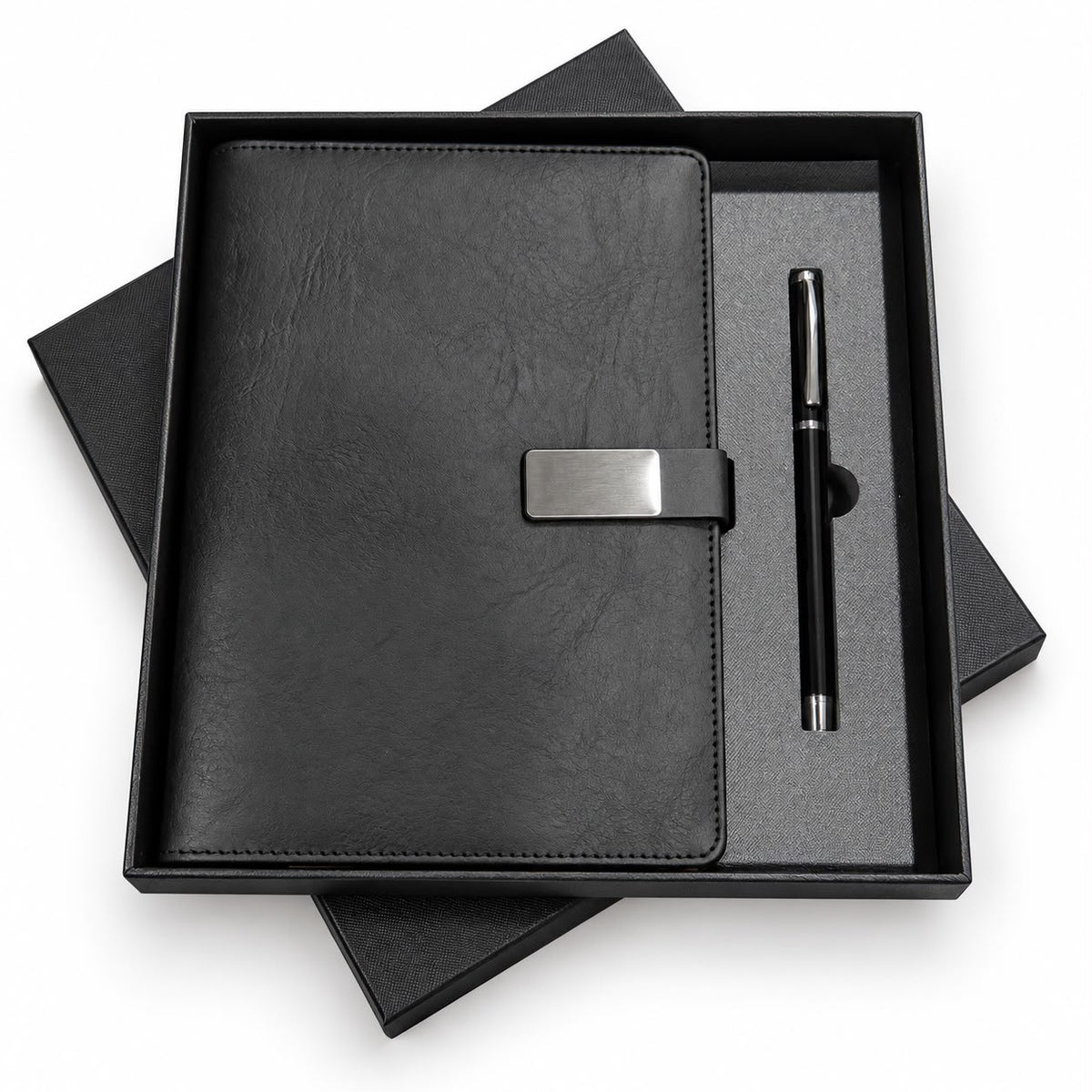 Executive Leather Organizer Journal & Pen Corporate Gift Set - Angled Presentation Box View