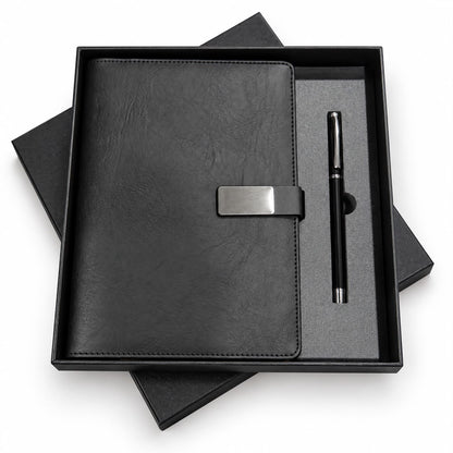 Executive Leather Organizer Journal & Pen Corporate Gift Set - Angled Presentation Box View