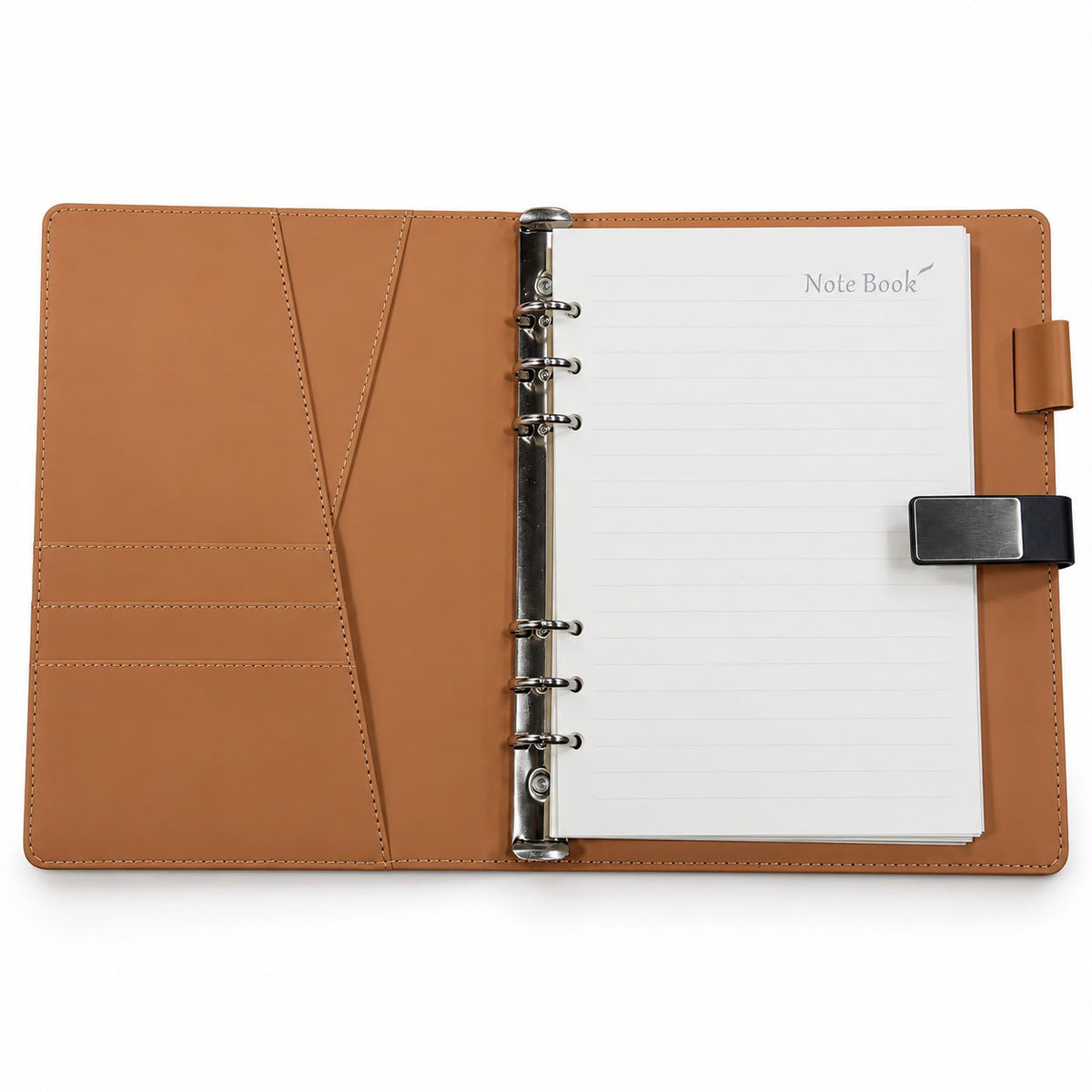 Executive Leather Organizer Journal - Refillable 6-Ring Stainless Steel Binder Open Spread