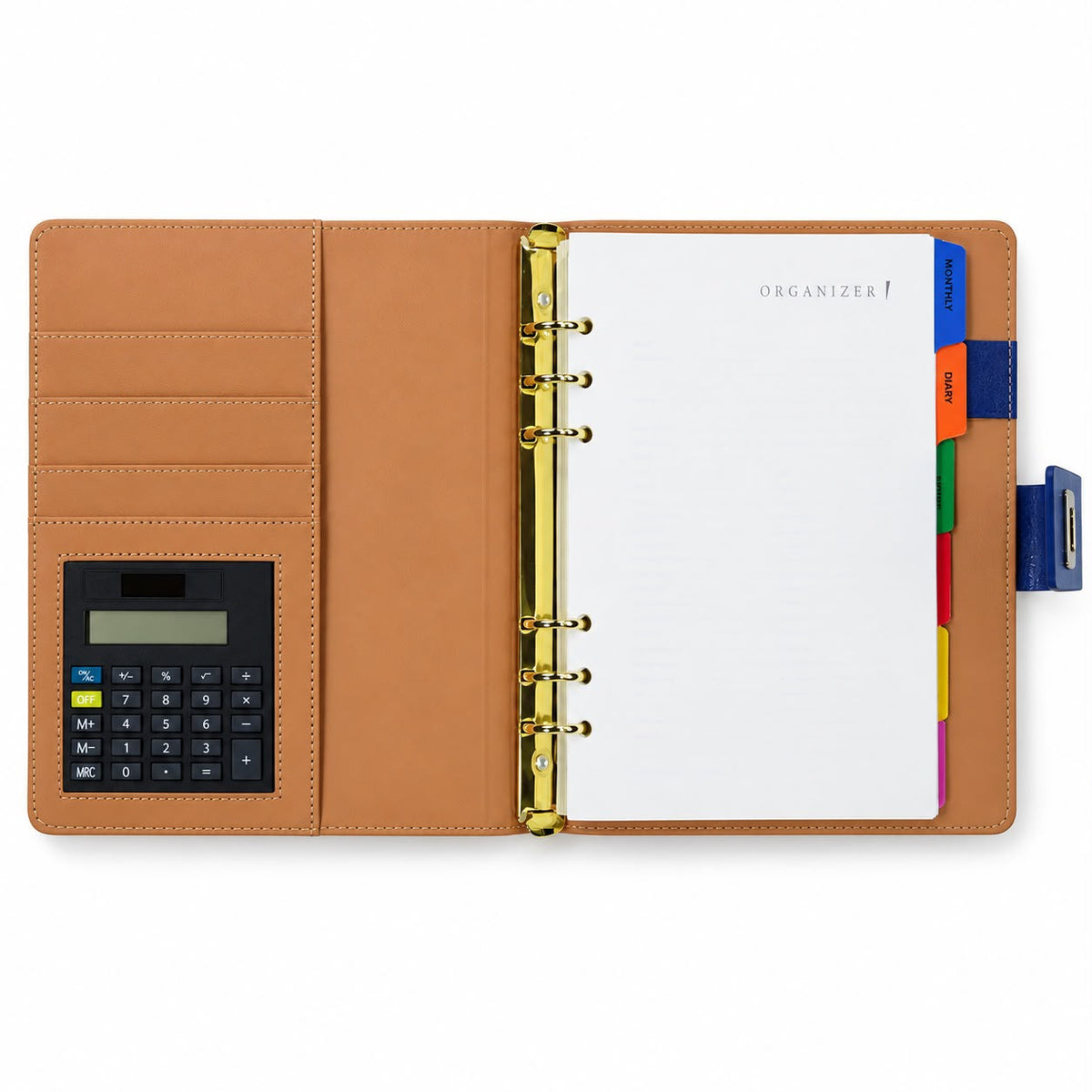 Executive 6-Ring Organizer Interior View: Integrated Solar Calculator, Gold Binder Rings & Tab Dividers