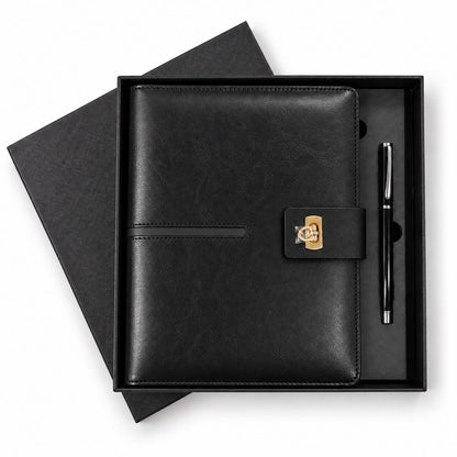 Executive 6-Ring Organizer Journal with Solar Calculator & Pen Gift Set in Classic Black Presentation Box