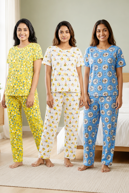 Cute Women Night Full Kit| Half Sleeve Top, Full Pijama Pant & Shorts | Soft & Comfortable Night Wear Set